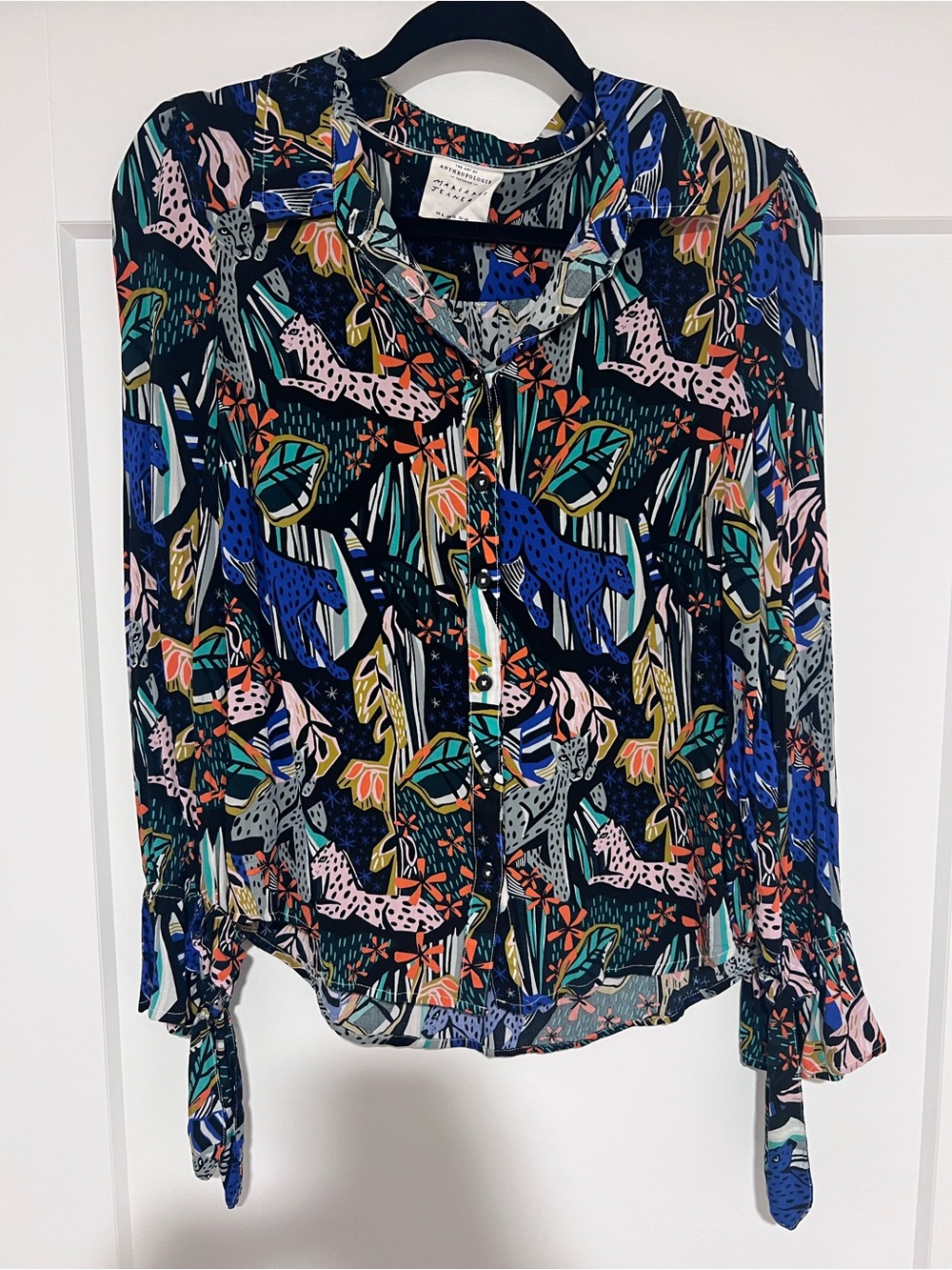 Anthropologie Black Multi-Print Botanical & Leopard Button-Up Blouse